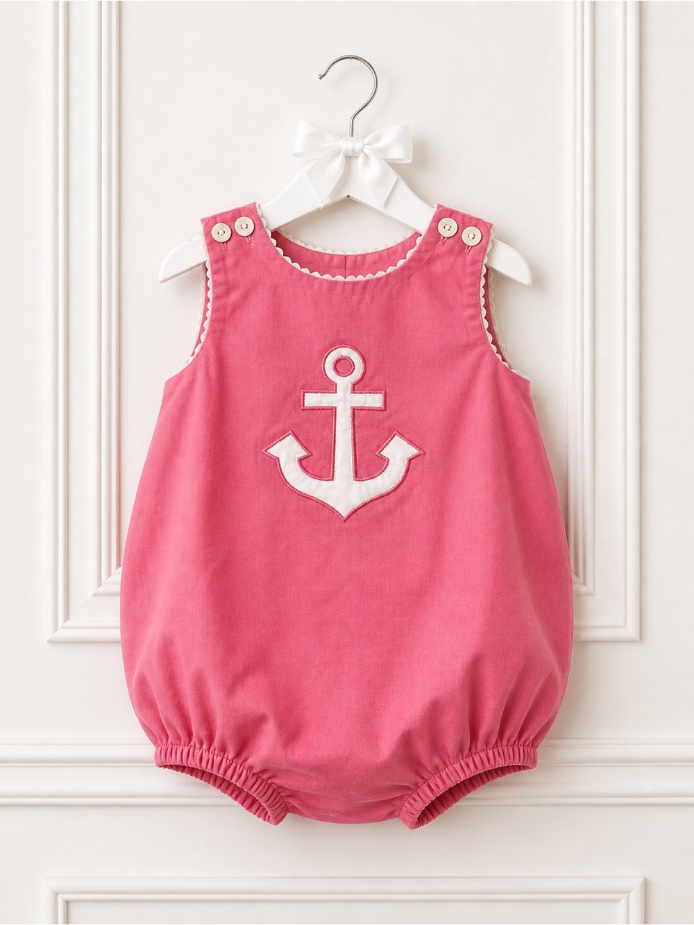 Vintage Beth Terrell Baby Girls Pink Corduroy Anchor Bubble Romper 12M Nautical